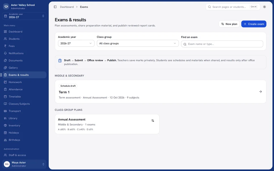 theKampus exams & report cards screen