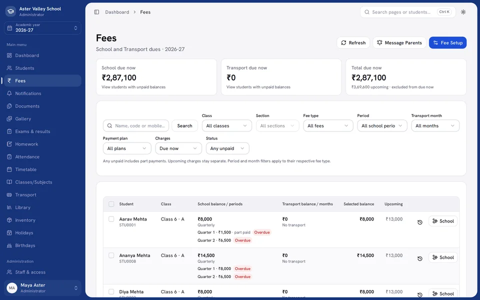 theKampus fees & receipts screen